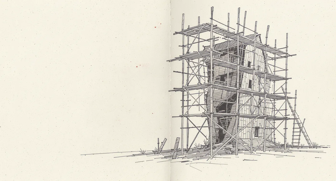 A hand-drawn illustration of a wooden scaffold built around a small structure. The scaffold is orderly with color-coded rope ties at each joint, but the building inside has grown an unplanned wing that punches straight through the scaffold's side, sending planks askew. The rest of the scaffold stands as if nothing is wrong.