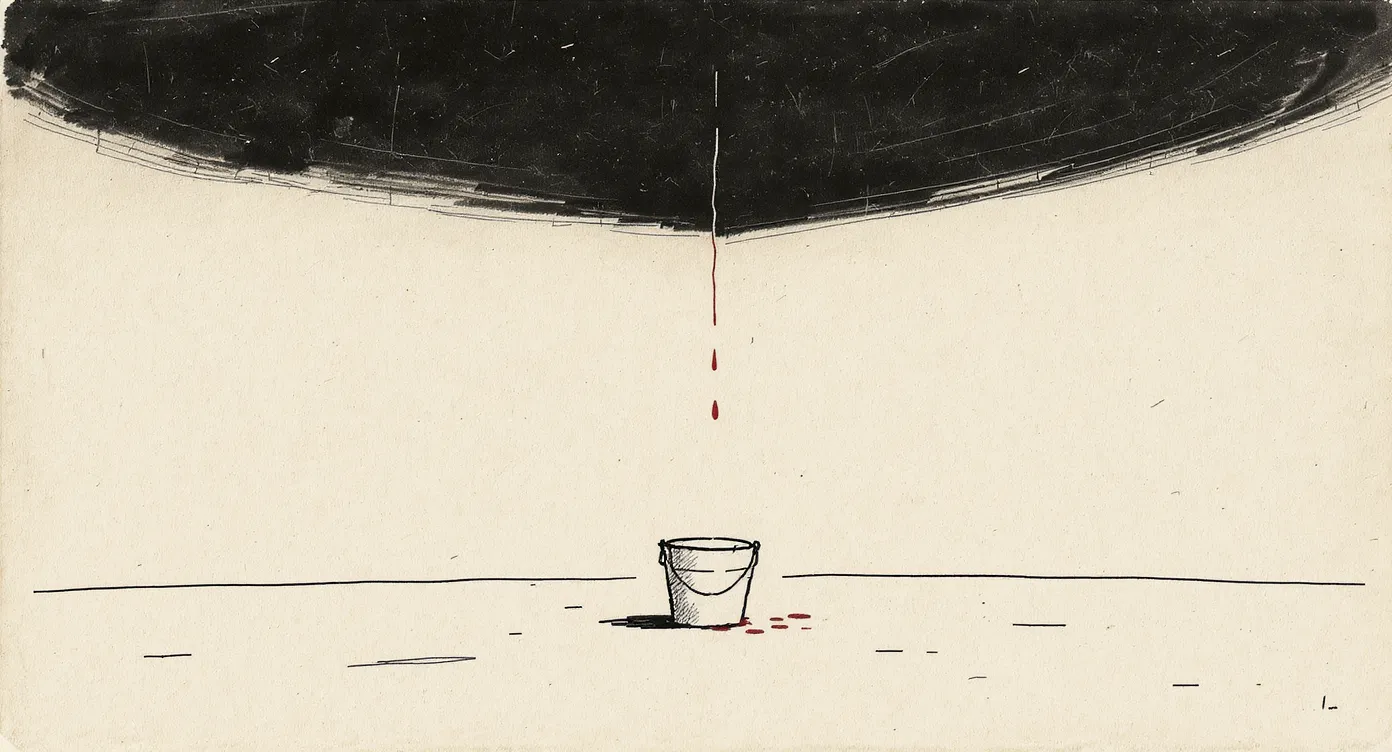 A small bucket on a bare floor under a vast dark ceiling, nearly full from a slow steady drip falling from the darkness above.