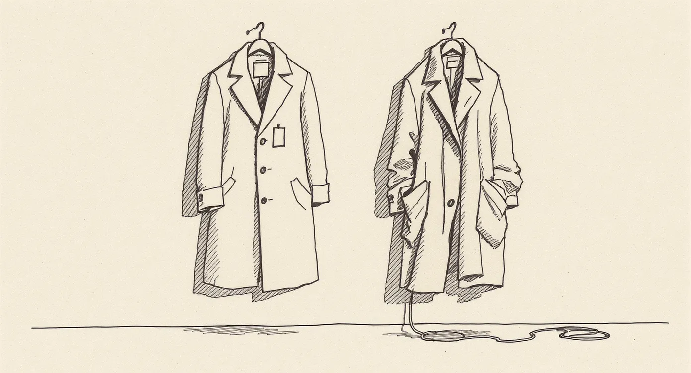 Two coats on wall hooks. The left coat is neat and buttoned; the right is rumpled with a loose thread pooling on the floor.