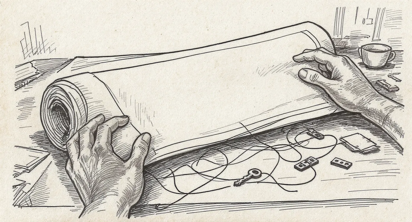 Hands holding a half-unrolled blank blueprint over a desk where threads connect small everyday objects—a cup, a hinge, a key, a folded paper.