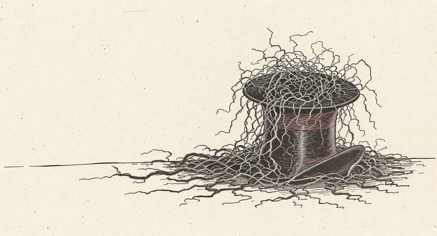 A glossy magician's hat tipped on its side on a bare table, with a dense snarl of roots and cables spilling out from its brim onto the table surface.