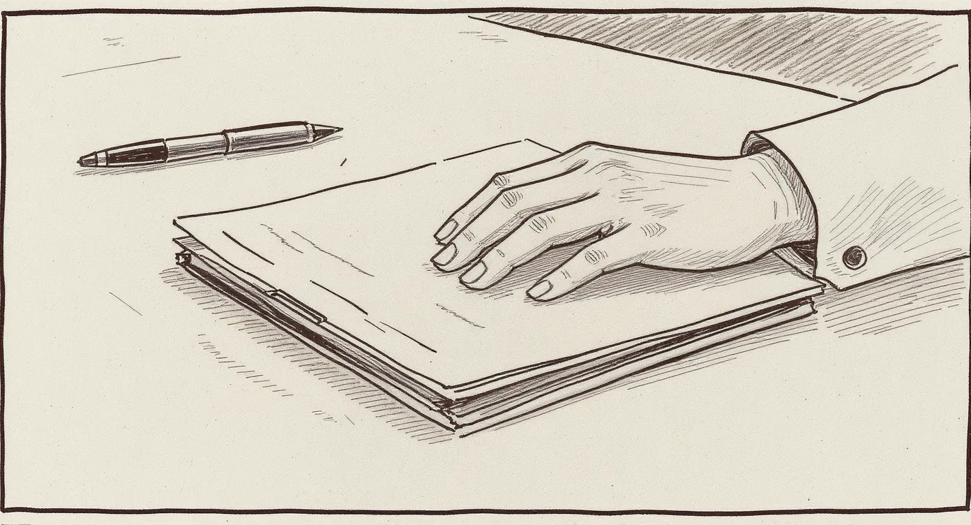 A steady hand resting on a closed folder on a desk, an uncapped pen lying beside it. The scene is still and spare.