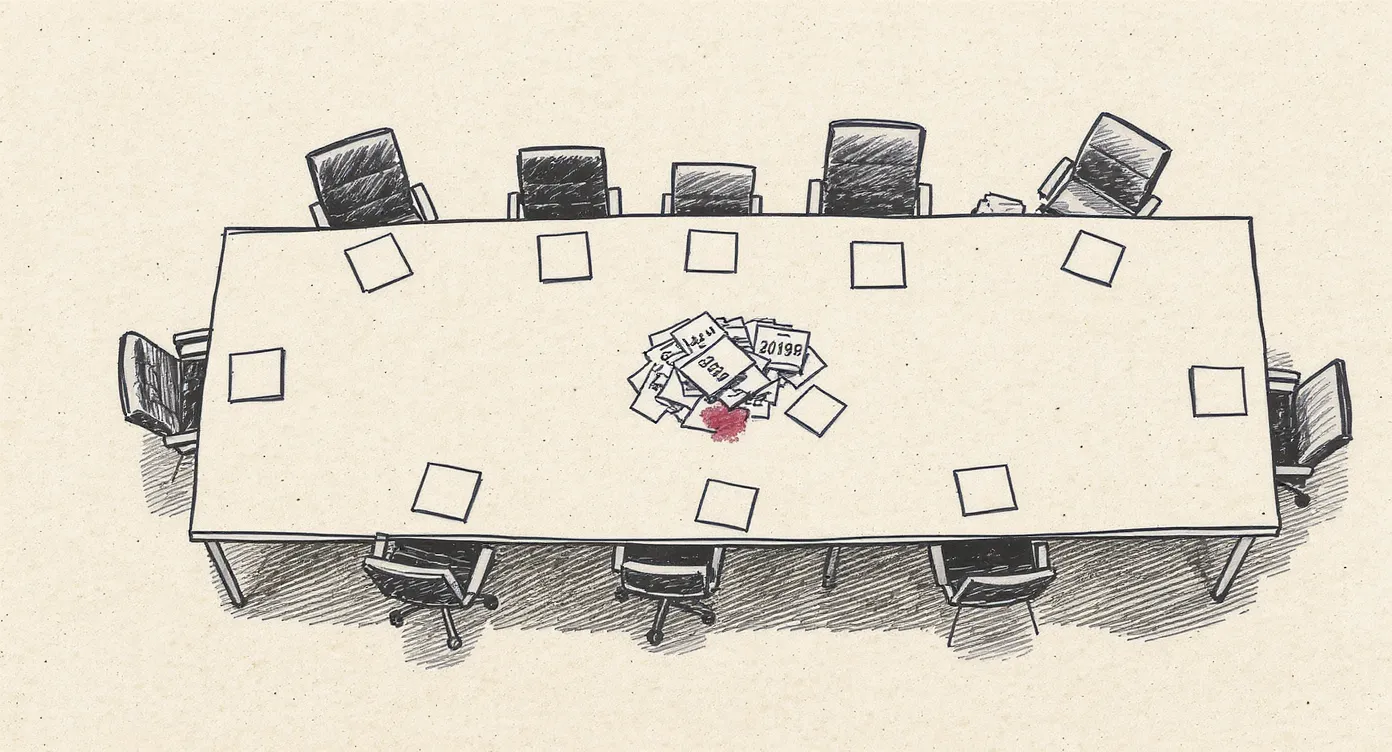 A long conference table viewed from above, surrounded by mismatched chairs all angled differently, with overlapping calendar pages lying face-down on the table surface.