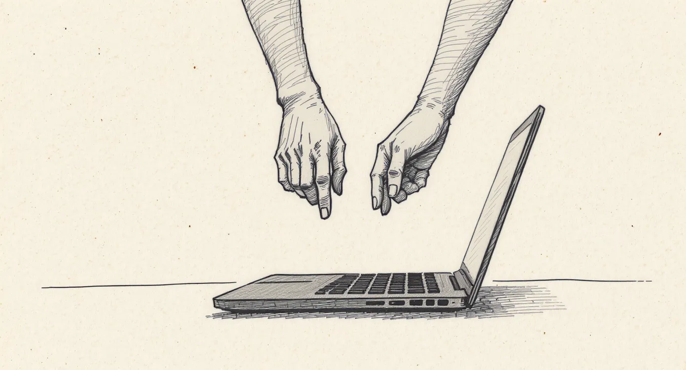 Two hands hovering just above a laptop keyboard in a frozen, disbelieving posture, the laptop screen turned away from the viewer.