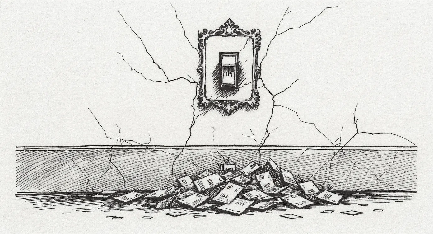 A heavy old-fashioned light switch flipped to the ON position on a cracked wall, while a pile of paper forms and routing slips lies uselessly on the floor beneath it.