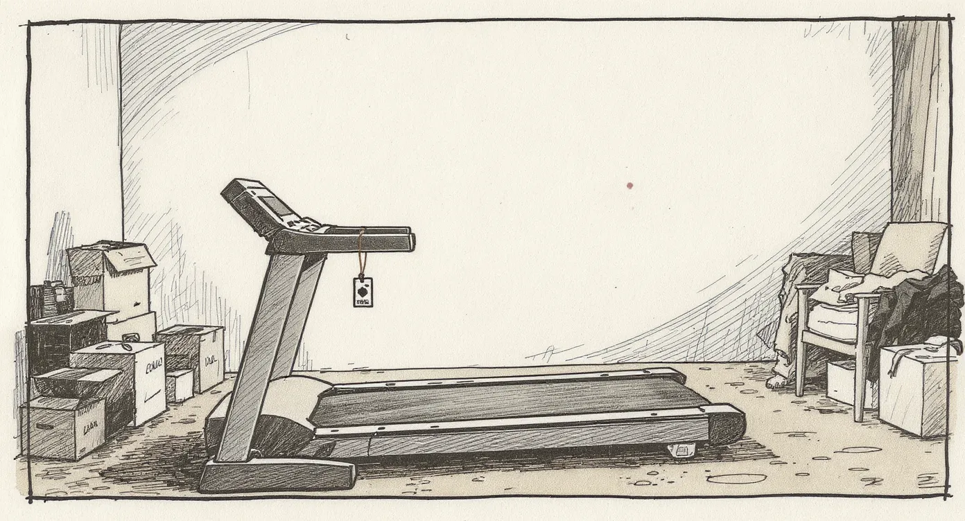 A dusty treadmill in a spare bedroom surrounded by everyday clutter, a gym membership card hanging from its handlebar, the machine never quite put to use.