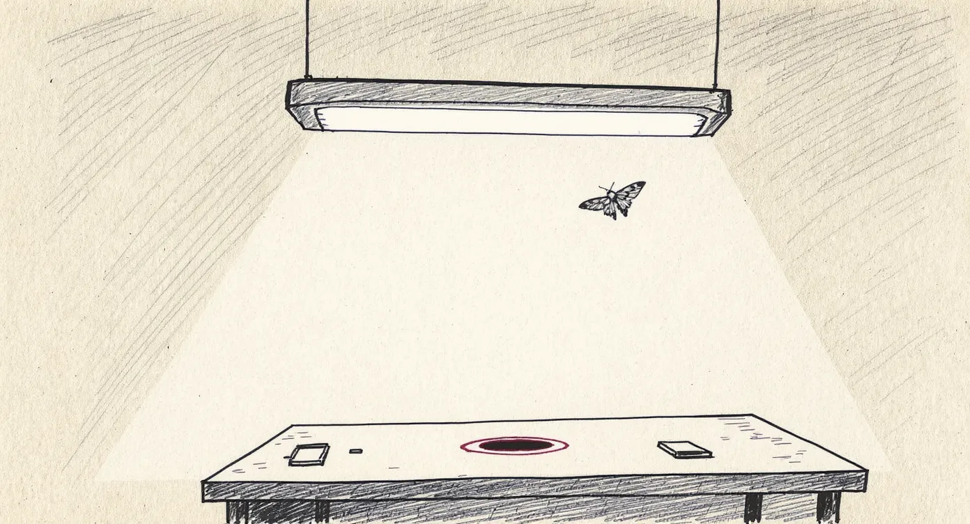 A flickering fluorescent ceiling light over an empty desk, a moth circling it, the surrounding room fading into shadow.