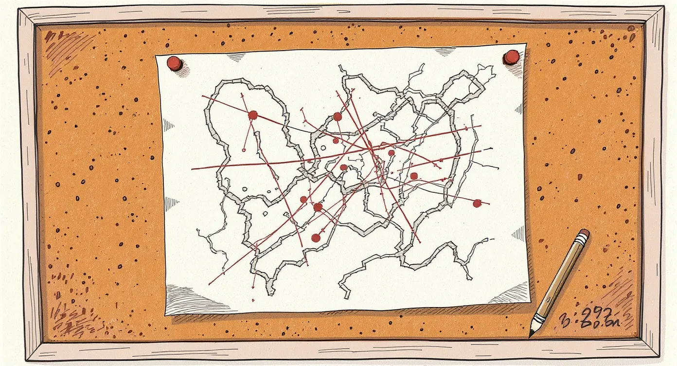 A corkboard with a revised diagram—old connection lines crossed out, new string routes added between pushpins, ghost marks of previous pin holes still visible in the cork. A spent pencil lies in front of it.