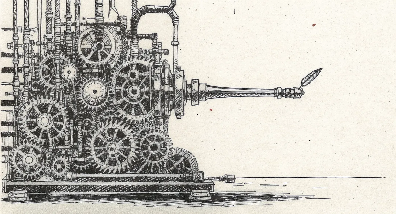 A meticulously maintained mechanical apparatus of interlocking gears and dials whose output shaft ends in empty air above a feather, the machine still turning.