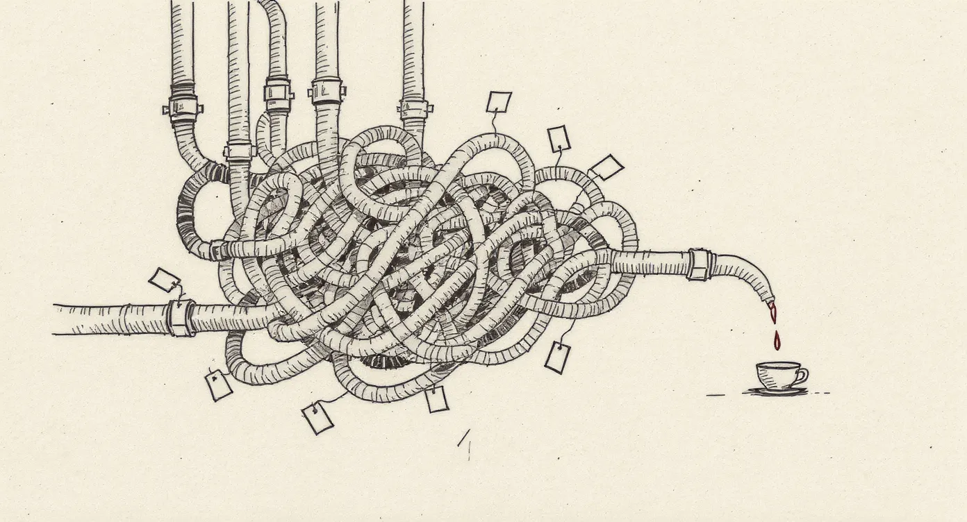 A dense tangle of mismatched pipes of different widths and eras, looping back into each other, each bearing a blank tag, eventually delivering a thin trickle into a plain cup.