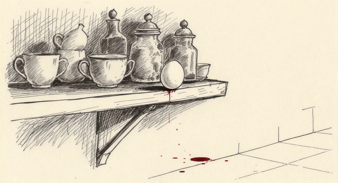 An egg balanced at the very edge of a crowded shelf, with a hard floor visible below, suggesting imminent concentrated catastrophe.
