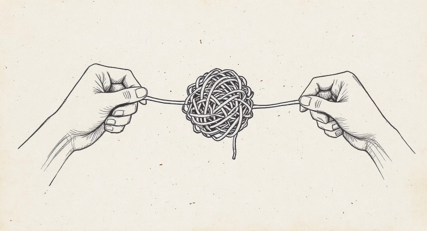 Two pairs of hands each holding an end of a single dense tangle of rubber bands, carefully trying to separate them without breaking anything.
