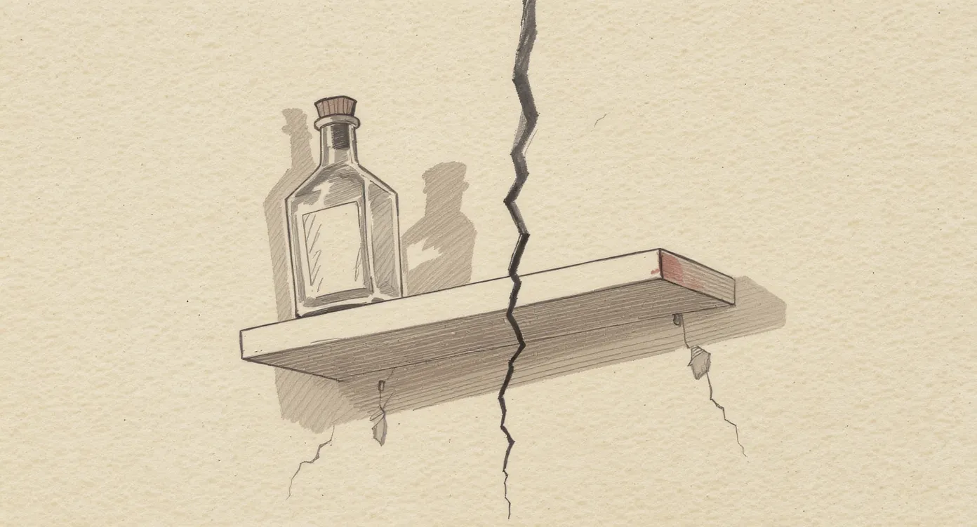 A glass bottle displayed neatly on a wall-mounted shelf, while a wide crack splits the wall behind it from top to bottom, with debris on the floor beneath.