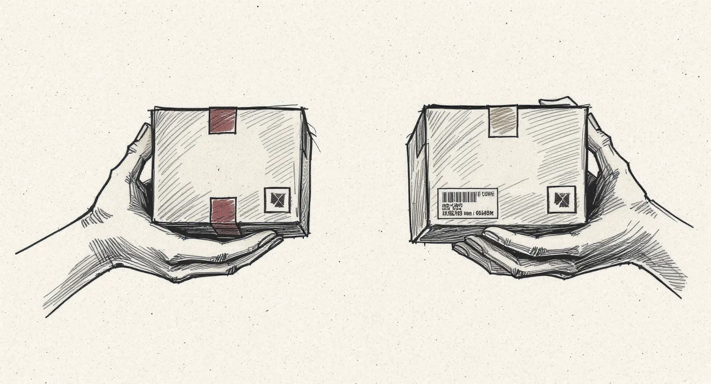 Two pairs of hands each gripping the same plain cardboard box from opposite angles—one facing the presentable gift-front, the other facing the utilitarian seamed back.