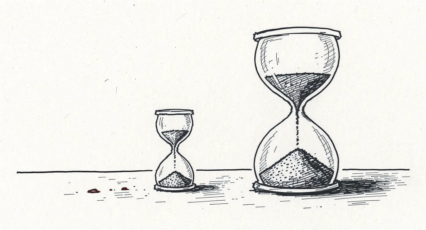 Two hourglasses on a plain table, one small with a few grains of sand remaining and one large with a vast heap of fallen sand, both mid-completion.