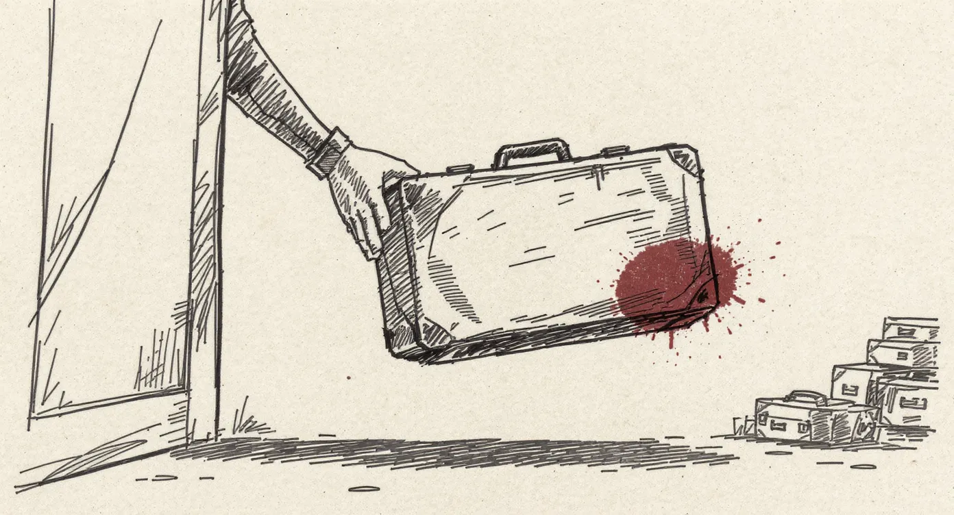 A bulging, worn suitcase being passed across a bare doorframe from hands that release easily to hands that strain under the weight, with more luggage already piled on the receiving side.