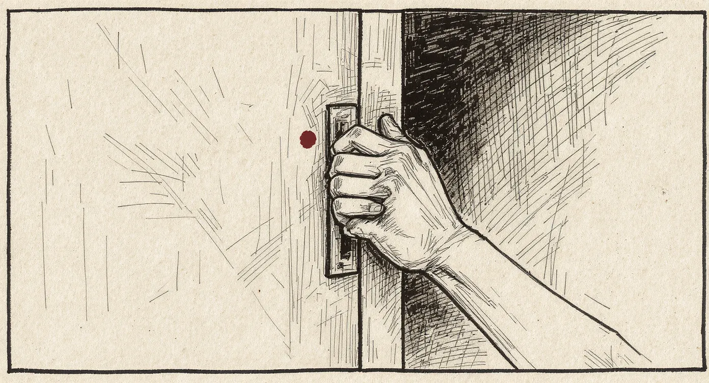 A single hand pressing against a plain door to hold it open a few inches, with warm light visible through the gap, stopping the meeting from ending on schedule.