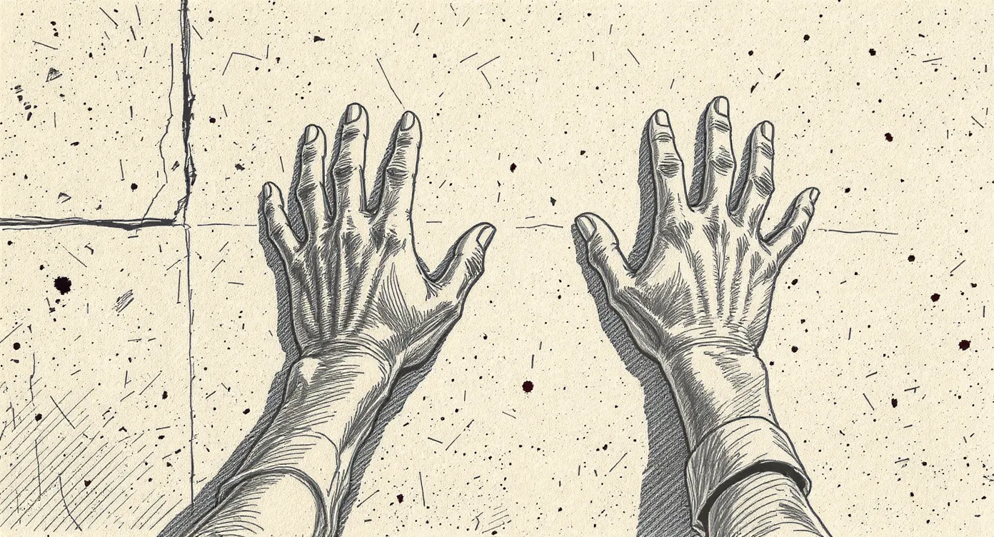 Two hands pressing flat against a smooth concrete wall, one braced with effort, the other open in surrender, sleeves rolled—the wall unmoved.