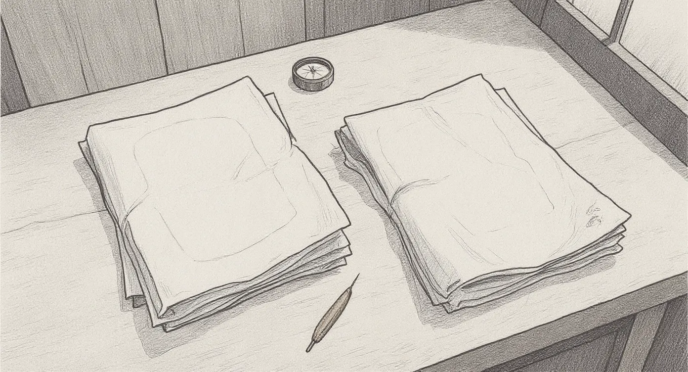 Naomi standing at a worn desk, looking down at two folded maps side by side—one pristine, one heavily used—with a compass resting between them and afternoon light crossing the scene.