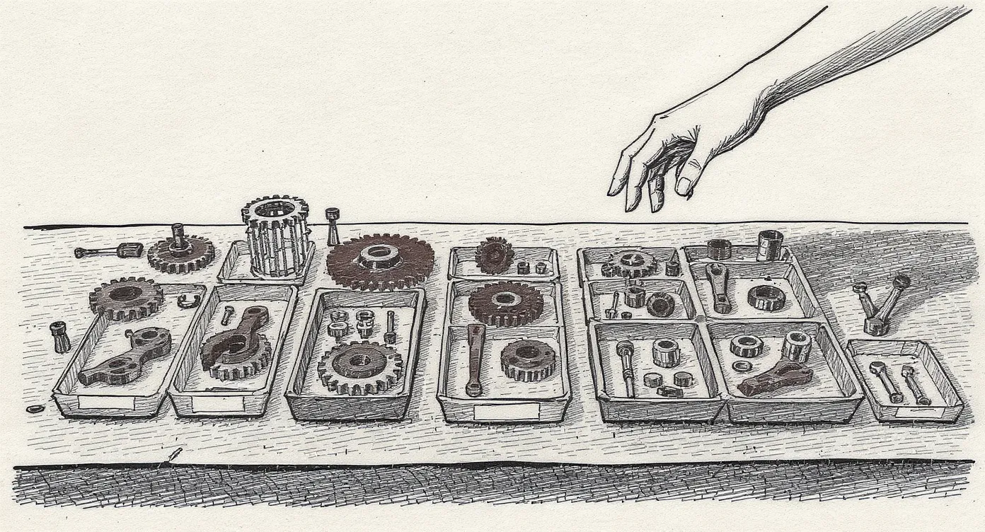 A workbench covered in perfectly made but completely unassembled mechanical components, each in its own tray, with a hand hovering above them as if unsure where to begin.
