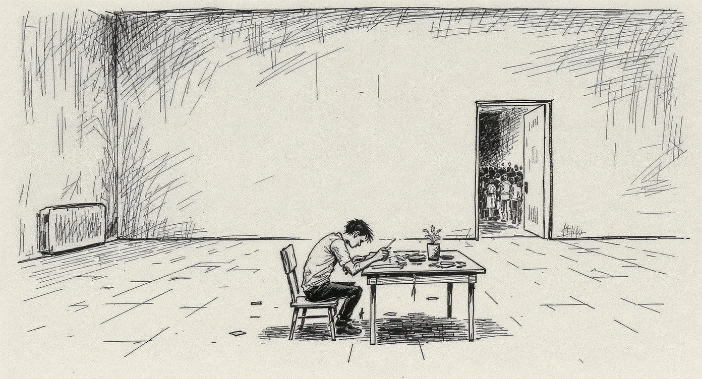 A small solitary figure working alone at a desk in a large empty room, surrounded by cheerful disorder—spilled papers, a worn eraser—while through a far doorway a crowd waits unseen.
