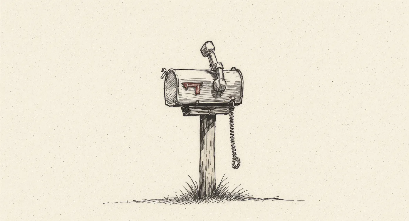 A vintage curbside mailbox with its door open and flag up, a rotary telephone handset perched improbably on top of its lid, the coiled cord drooping down the post into the grass.