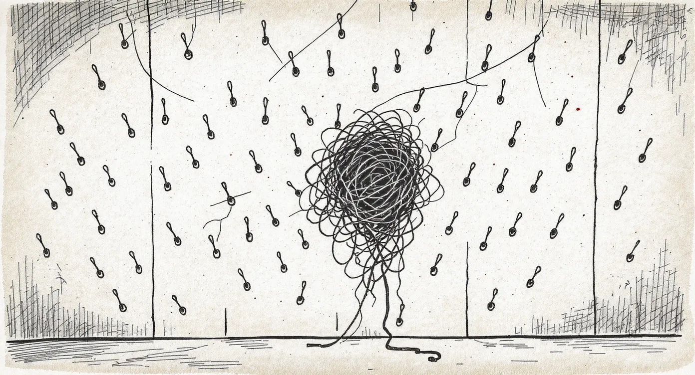 A wall of brass hooks with dozens of tangled threads crossing and knotting in the center, no single strand traceable from end to end.