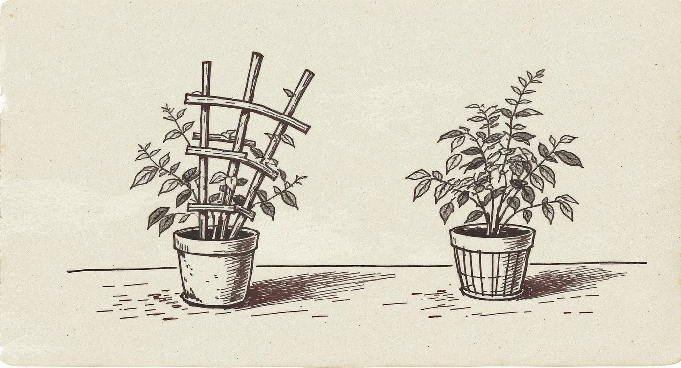 Two similar plants on a workbench: one growing through a trellis rooted in its own soil, one wrapped around a freestanding wire armature set beside but separate from the pot.