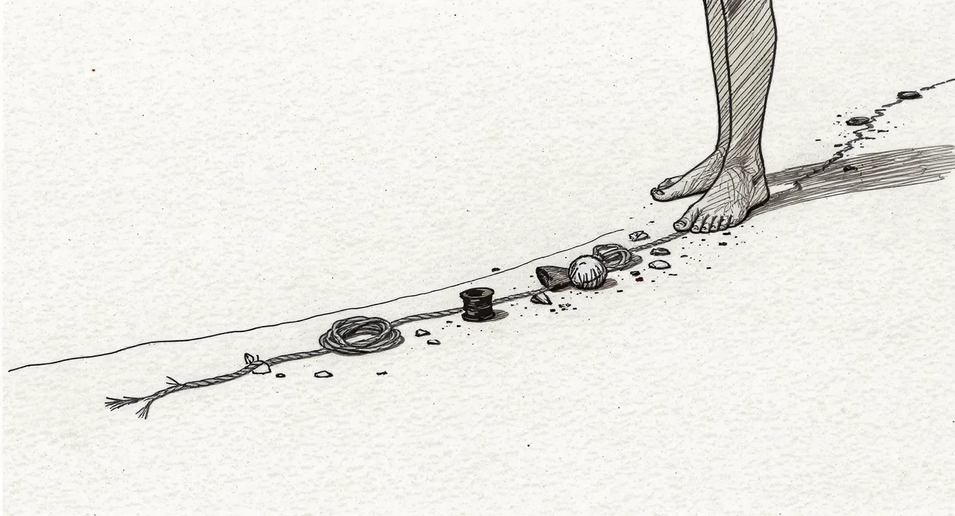 A tideline of small debris—rope, shells, a spool—curving across sand, with a pair of bare feet standing just behind it on the dry side.