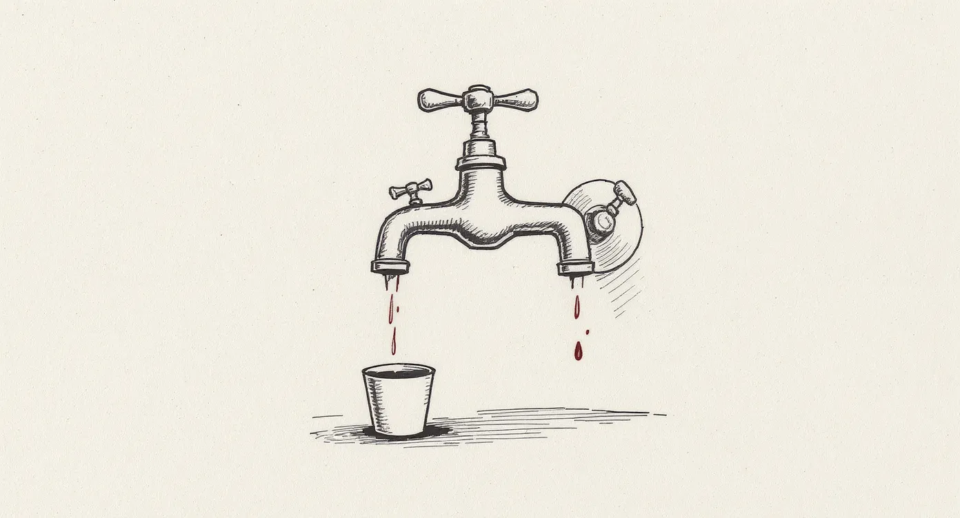 Illustration of a single water tap fitted with four diverging spigot heads, each pointing a different direction. Only one has a cup placed to catch the water; the others spill freely onto an unseen floor.