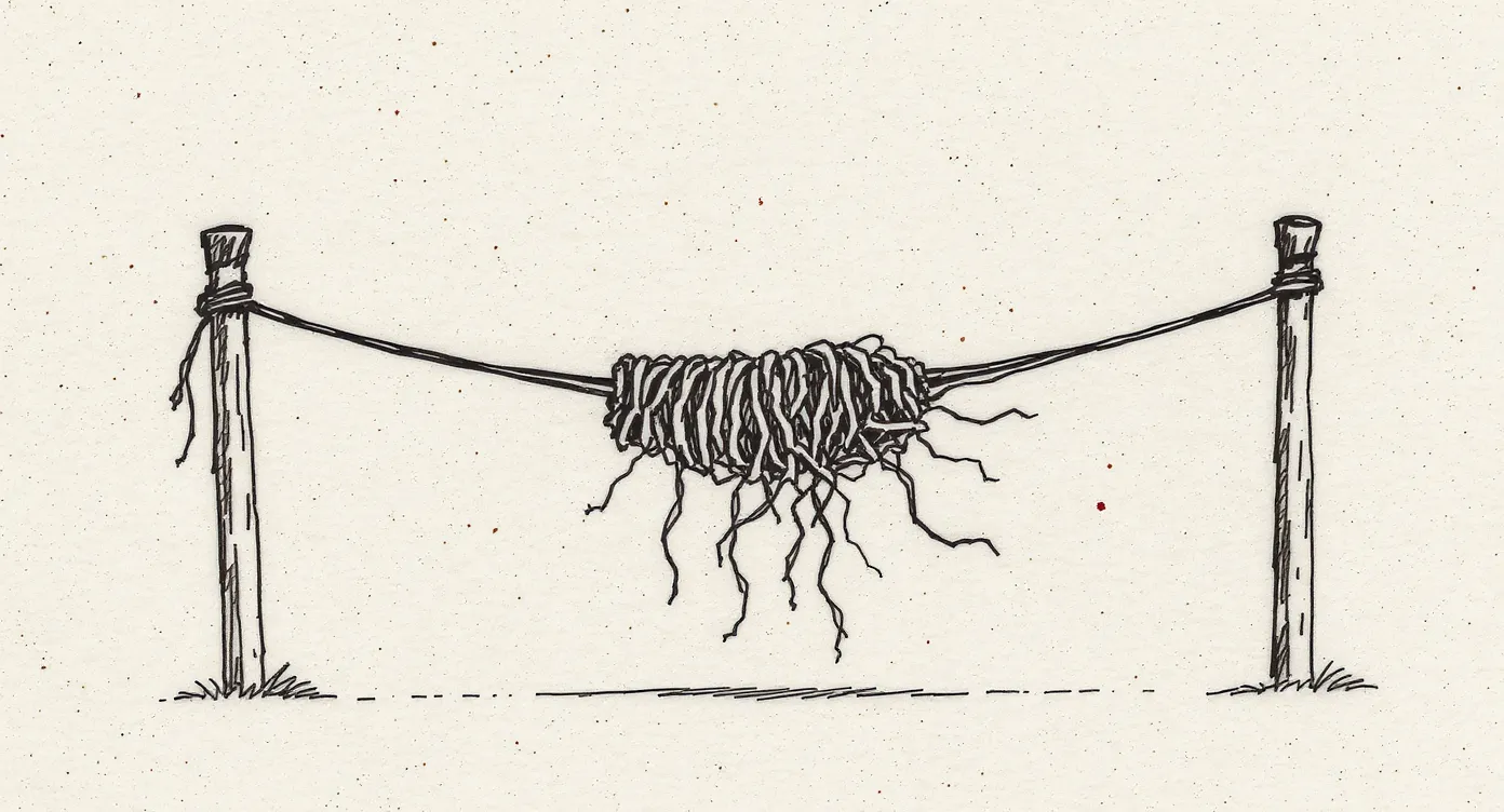 Illustration of a bundle of string running from a single neat anchor knot on the left to a dozen unraveling, untethered strands spreading loosely into the air on the right.