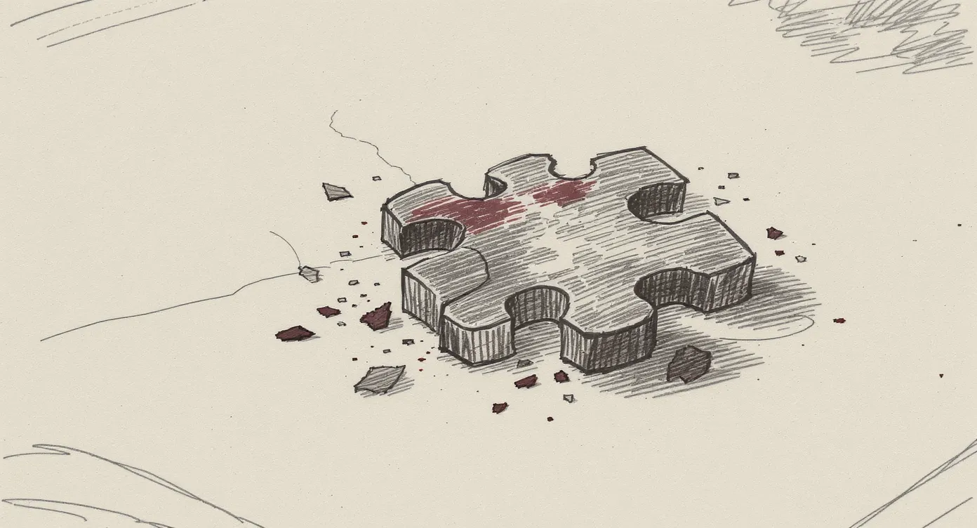A puzzle piece with its edges re-cut so many times that its silhouette is jagged and uncertain, surrounded by shavings and erased ghost shapes of its former outlines.