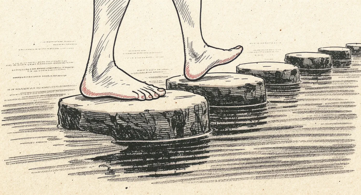 Bare feet mid-step on stepping stones across a dark river, one foot planted, one hovering, the water below opaque and the far bank barely visible.
