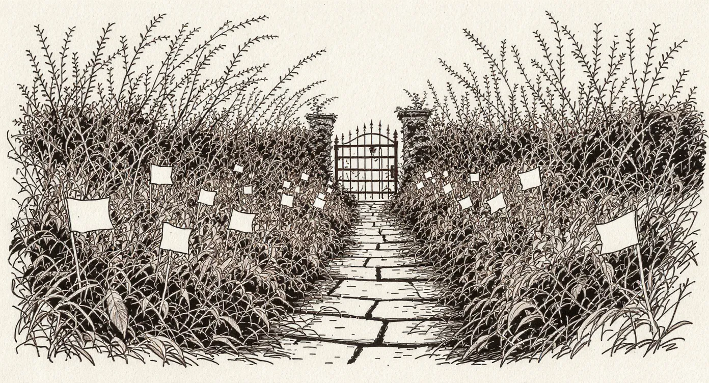 An overgrown garden path nearly swallowed by vines, with dozens of small blank marker flags planted throughout the growth and a rusted open gate at the far end.