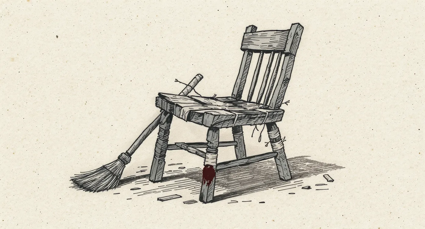 A hand-drawn illustration of a chair repaired so many times with incompatible materials—tape, wire, planks, a broom-handle leg—that it now looks more fragile and complicated than the chair it was originally meant to be.
