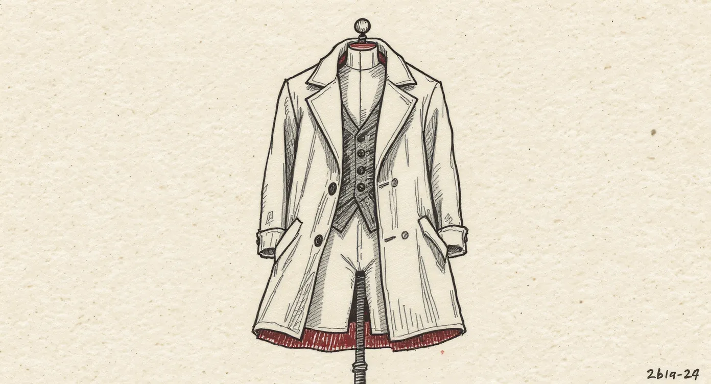 A dress-form mannequin wearing two conflicting outfits at once: a formal coat draped over a mismatched garment underneath, with clashing collars and the inner layer visible at every seam.
