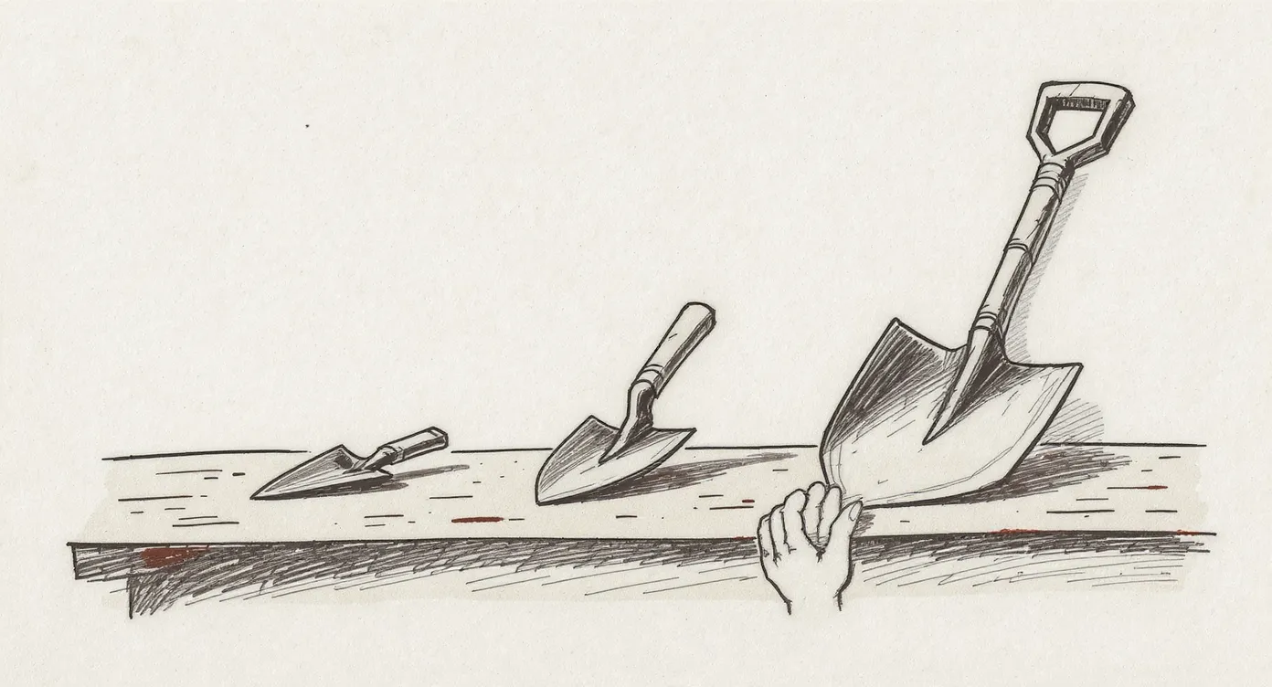 Three digging tools of increasing size arranged in sequence on a workbench—a trowel, a spade, and a full shovel—with a hand resting lightly on the smallest one.