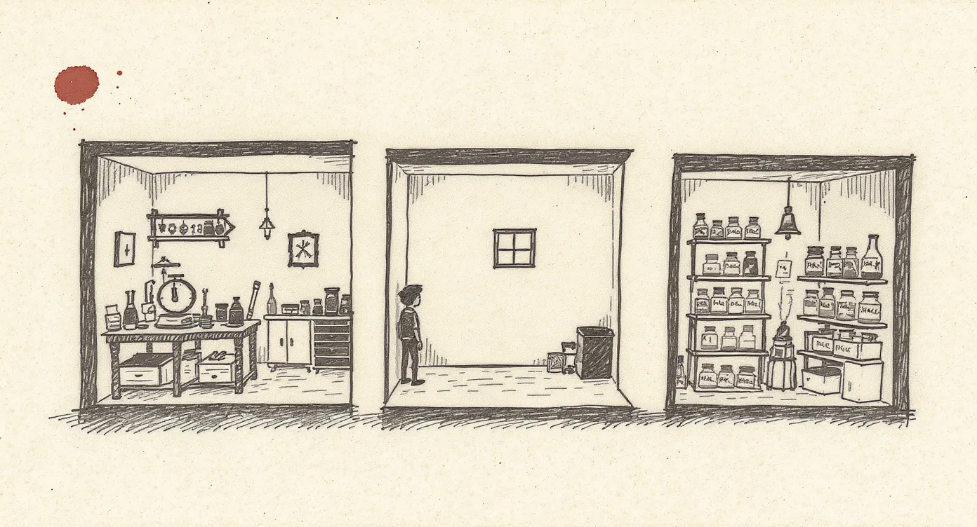 Cross-section of three adjacent rooms: a busy workshop on the left, a bare display room in the center with a single window, and a reaction room on the right. A small figure stands in the threshold between the workshop and the display room.