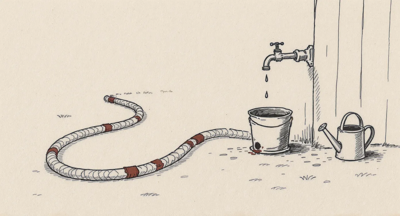 A patched, leaking garden hose leads to a holey bucket placed under a dripping tap. A perfectly good, unused watering can stands beside it.