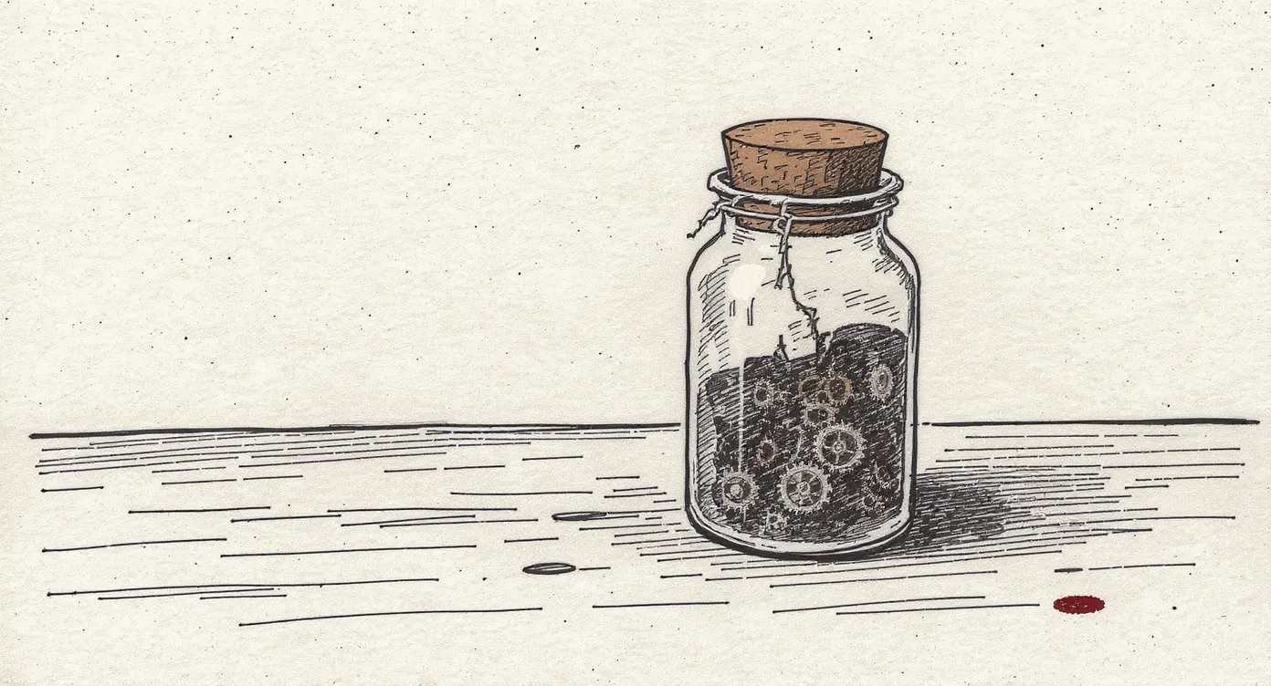 A sealed glass jar containing small turning gears sits on a bare wooden table beside an open, waiting hand that cannot reach inside it.