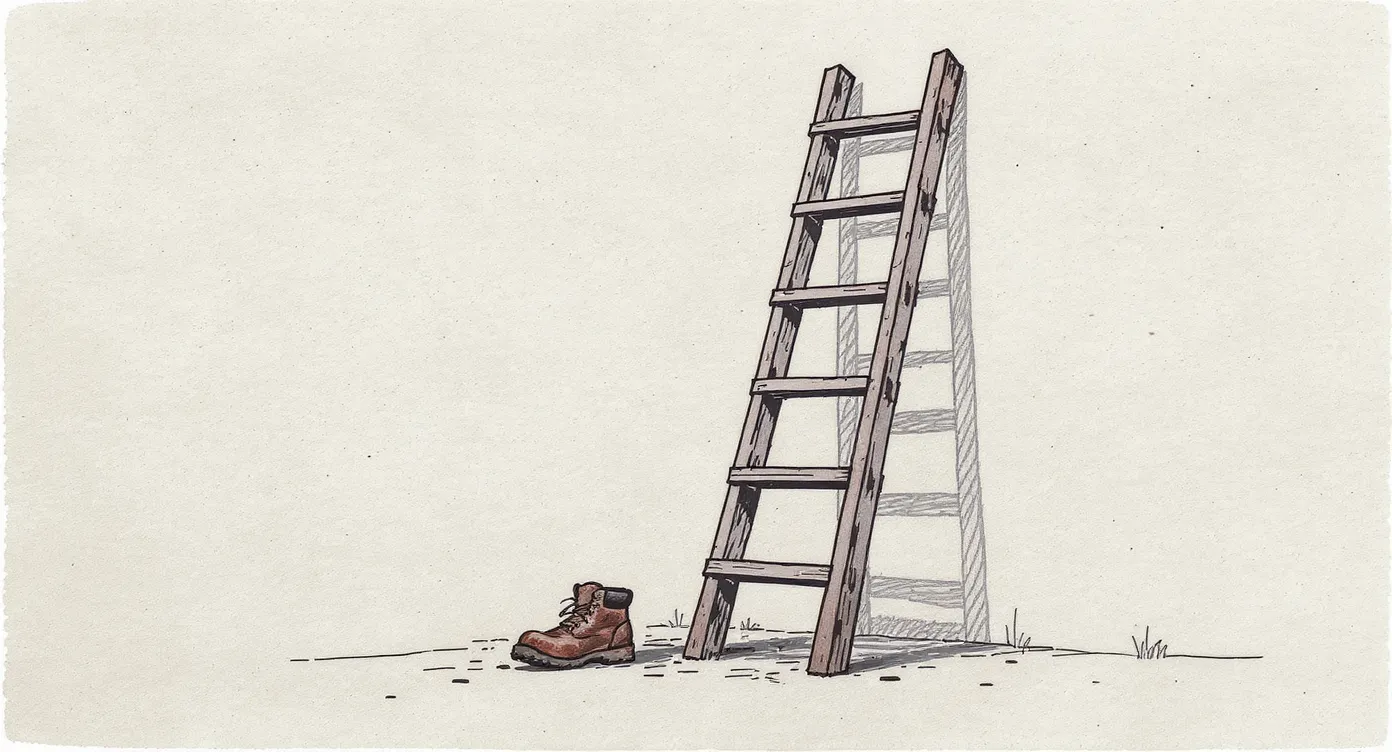 A five-rung wooden ladder leans against a wall; the lowest rung is worn smooth from use while the top rung remains rough and barely touched. A muddy unlaced boot rests at the ladder's base.