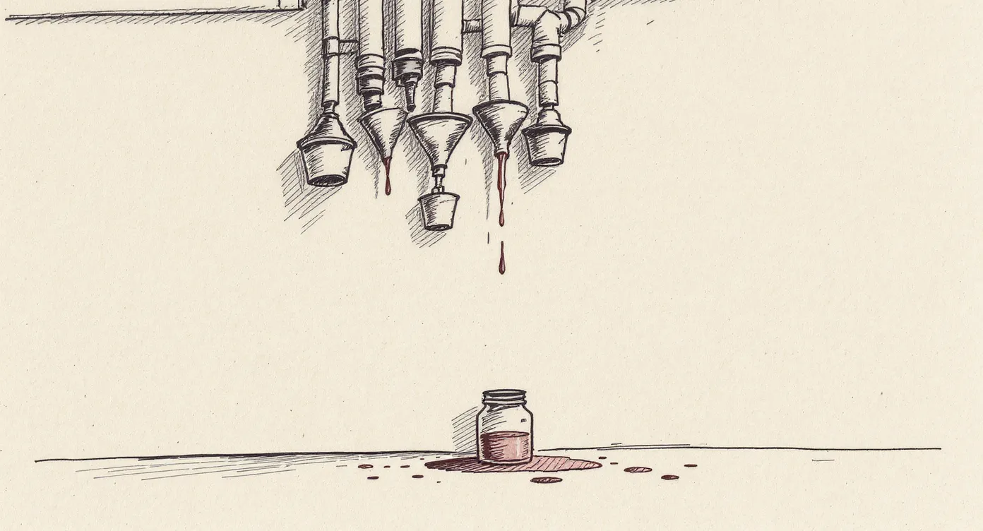 An improvised system of funnels and tubes mounted to a wall channels drips from a leaky pipe into a collection jar; one middle tube has come undone and is dripping onto the floor unnoticed, while the jar below looks nearly full and seemingly intact.