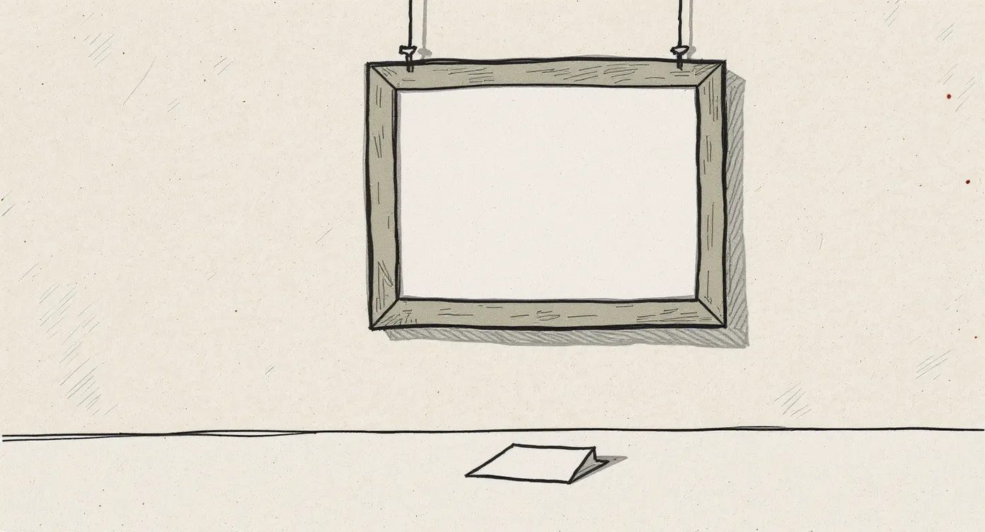 A picture frame hangs straight and level on a clean white wall, but the frame is empty -- it holds only a blank white mat. A small folded card rests face-down on the floor beneath it. Everything looks correct from a distance.