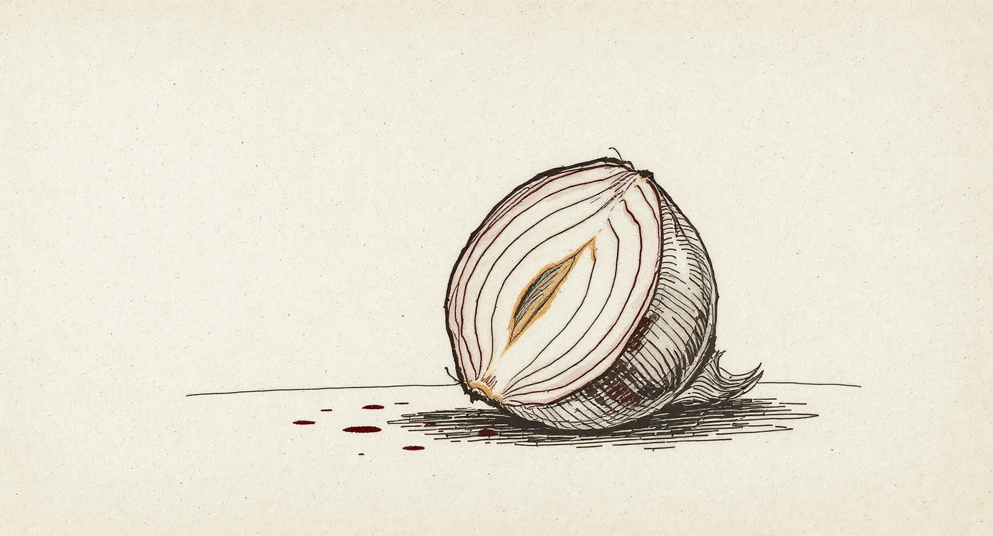 A halved onion with neat concentric rings visible in cross-section, but with a small dark hollow at the center where the core should be.