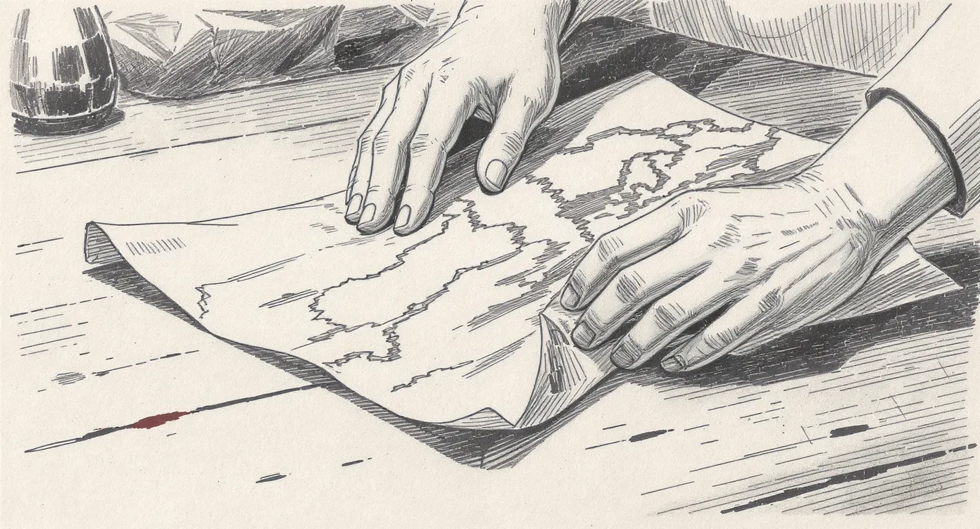 Two hands pressing flat a large, heavily-creased paper map on a wooden table, one corner damp and curling upward.