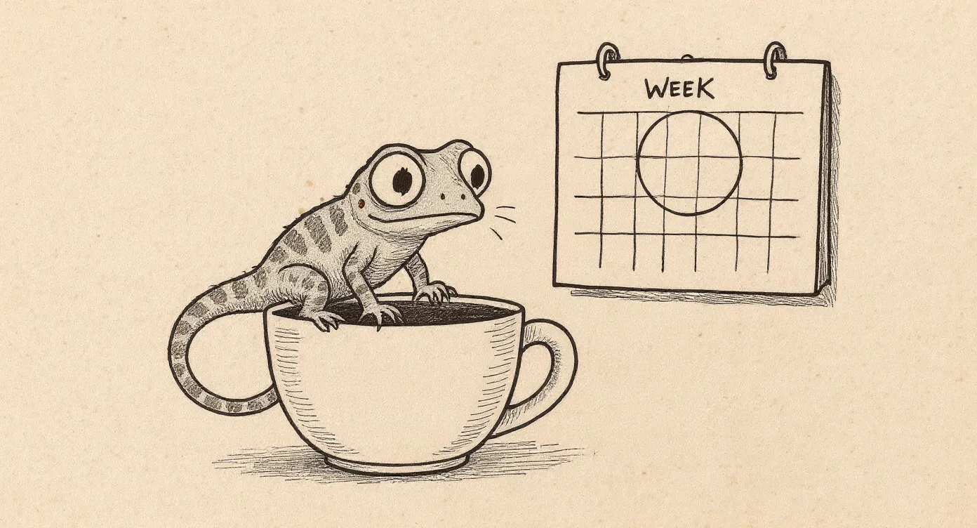 The Migration Newt, a small anxious salamander with huge worried eyes, perching on the edge of an oversized coffee mug and staring at a wall calendar with one week circled.