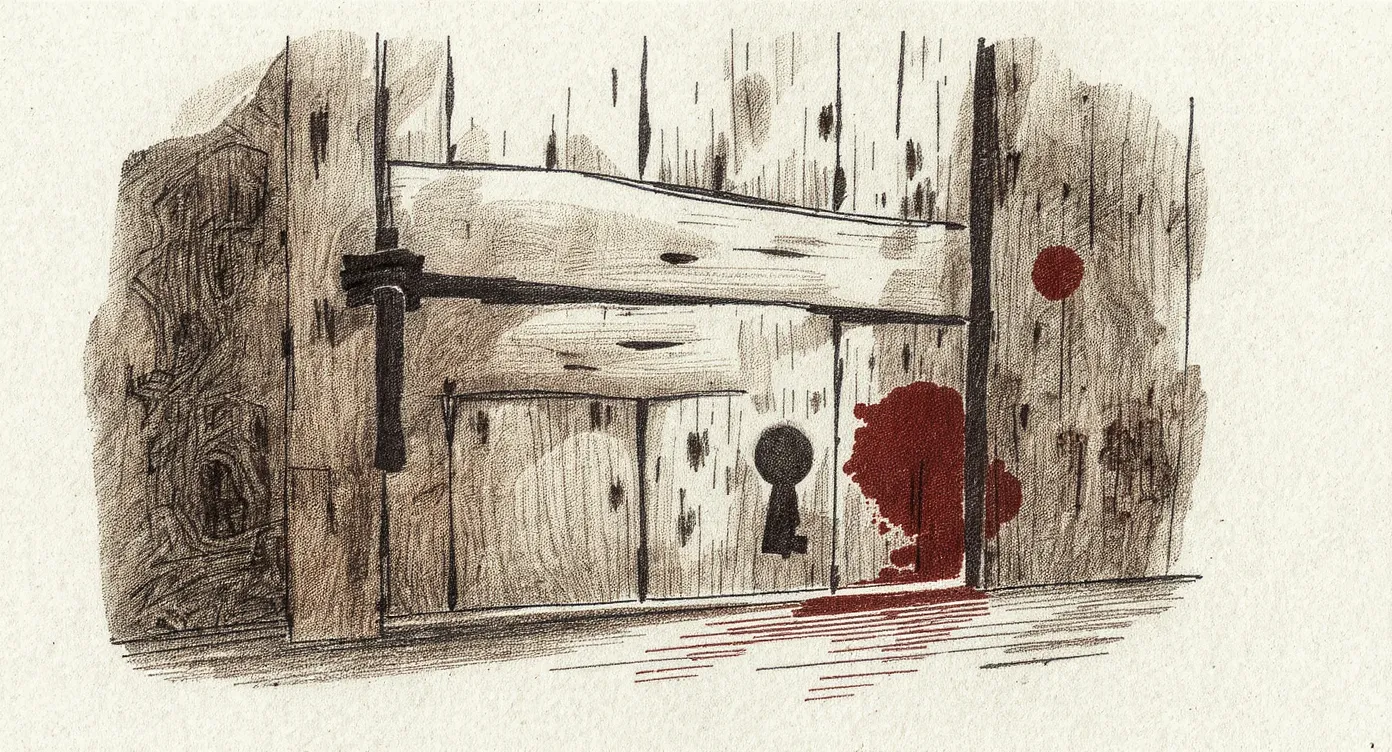 A locked wooden door viewed from the inside, light glowing under its base, a key visible through the keyhole hanging tantalizingly on the far wall.