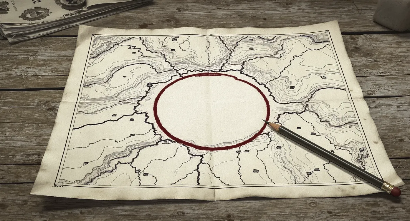 A detailed topographic map with one small region deliberately circled and cross-hatched in pencil to mark it as known unknown territory, surrounded by otherwise precise cartographic detail. A pencil rests across the corner.