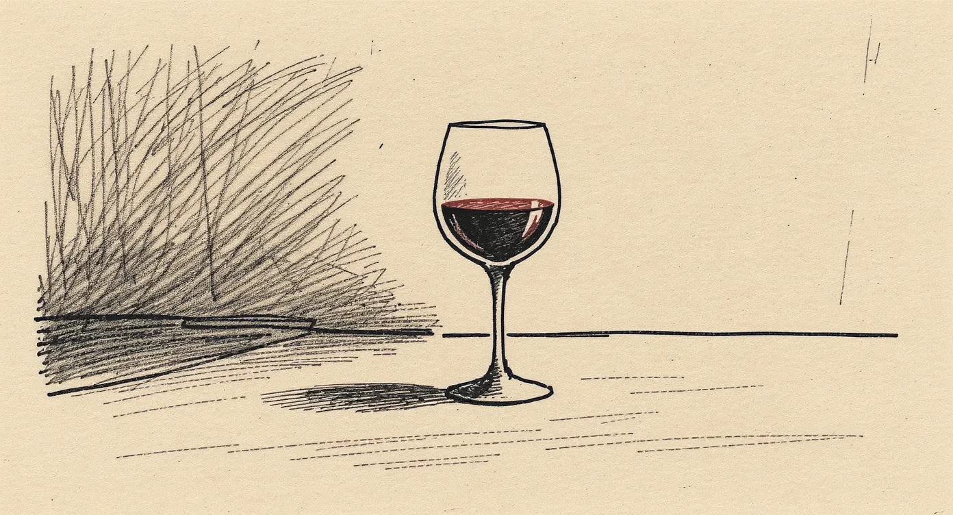 A single full wine glass resting on a bare kitchen counter at night, untouched, with condensation on the outside and a warm glow from off-frame illuminating it from the side.
