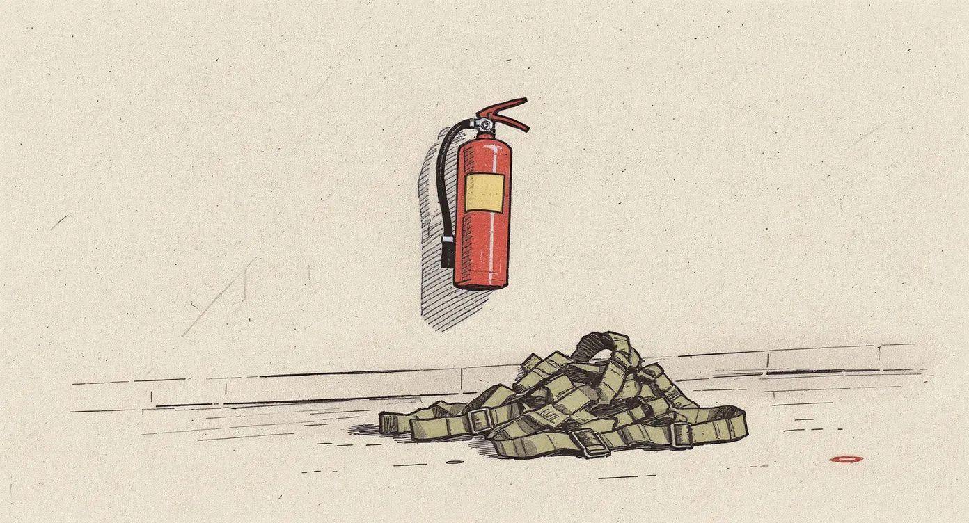 A red fire extinguisher mounted on a blank wall with its safety pin intact, and a parachute harness in a pile on the floor below it, the two objects side by side but not touching.